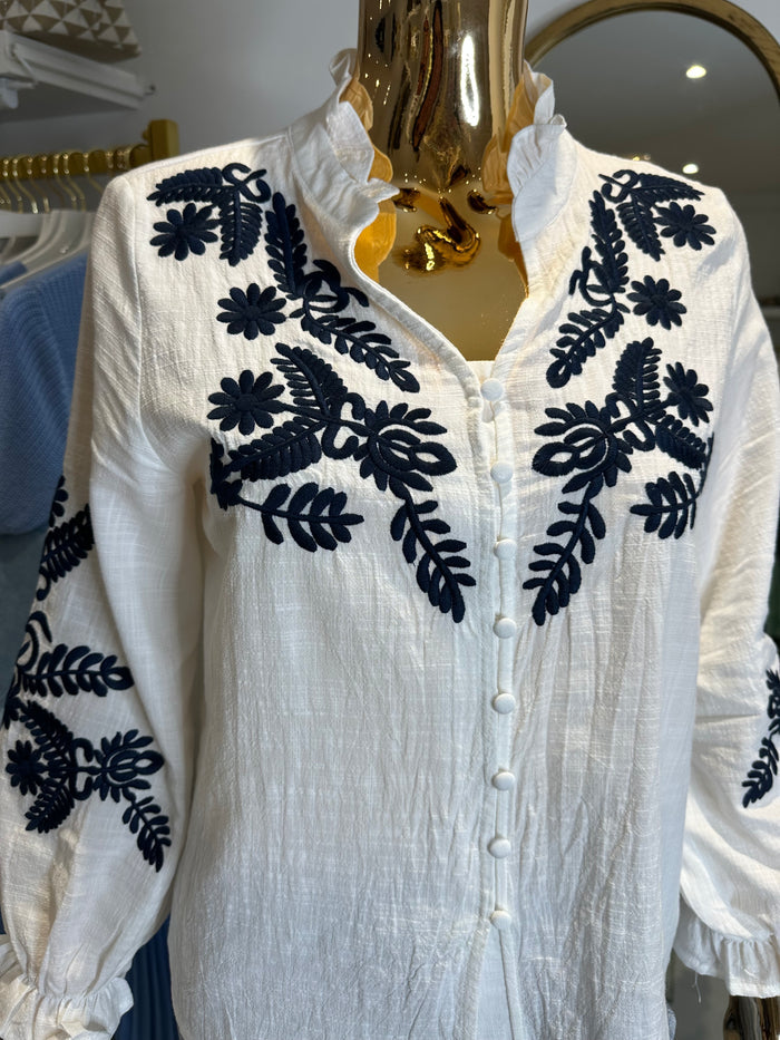 Embroidery Leaf Flower Button Up Grandad Collar Blouse (2 Colours)