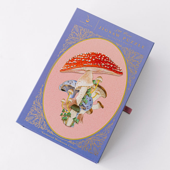 front of mushroom puzzle box featuring an illustration of mushrooms