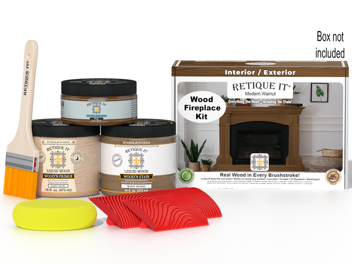Retique It® Modern Walnut Wood Fireplace Kit with primer, stains, brush, yellow sponge, red graining tool set, and packaging.