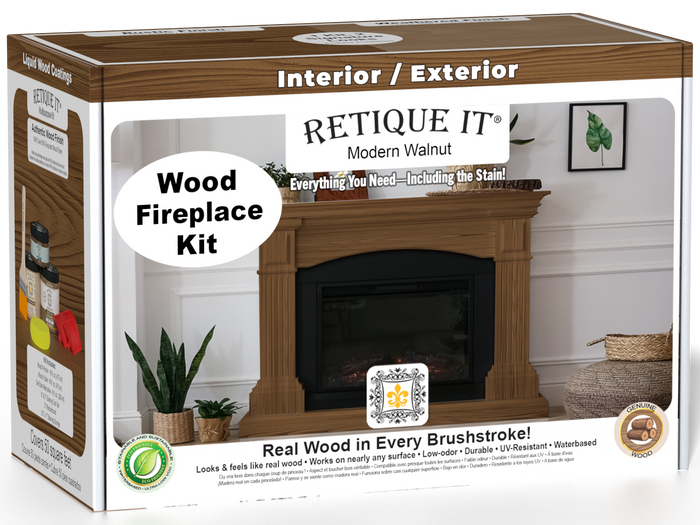 Retique It® Modern Walnut Wood Fireplace Kit packaging featuring a rich wood-look fireplace surround.