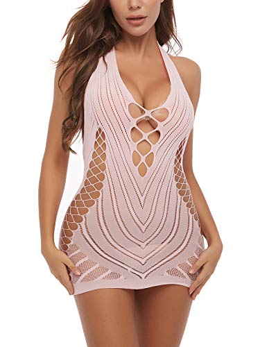 Fishnet Lingerie Chemise Halter Nightwear Mini Teddy Dress in Pink - One Size Pink Fishnet Lingerie Chemise