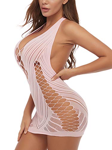Fishnet Lingerie Chemise Halter Nightwear Mini Teddy Dress in Pink - One Size Pink Fishnet Lingerie Chemise