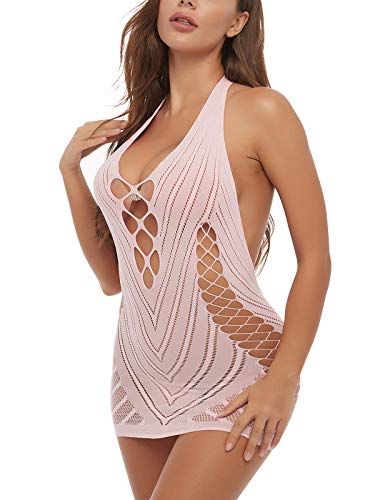 Fishnet Lingerie Chemise Halter Nightwear Mini Teddy Dress in Pink - One Size Pink Fishnet Lingerie Chemise