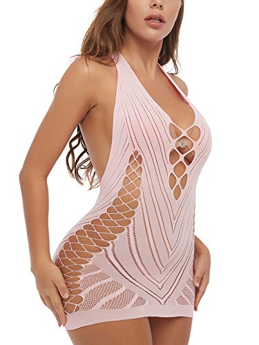 Fishnet Lingerie Chemise Halter Nightwear Mini Teddy Dress in Pink - One Size Pink Fishnet Lingerie Chemise