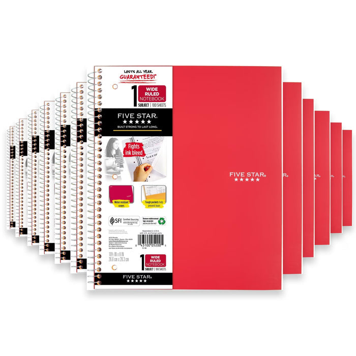 Five Star 1 Subject Wide Ruled Spiral Notebook - 100 Sheets - 12 Pack