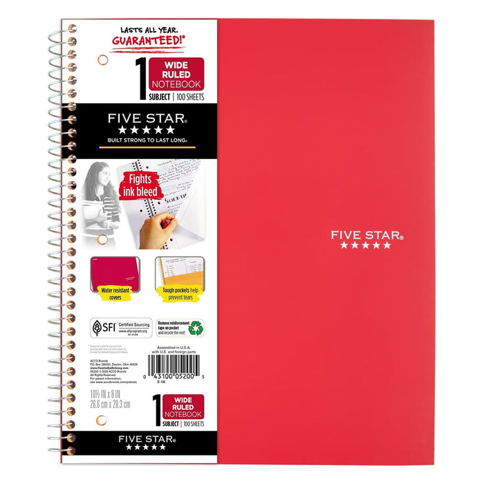 Five Star 1 Subject Wide Ruled Spiral Notebook - 100 Sheets - 12 Pack