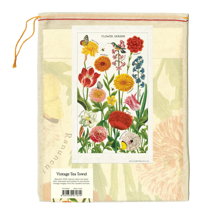 Back of the muslin bag the Cavallini Flower Garden Tea Towel comes in.