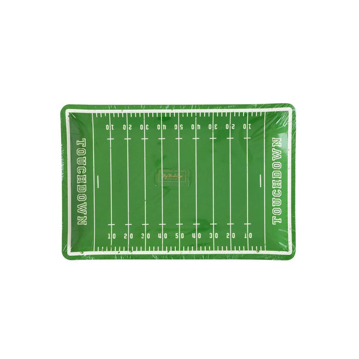 A vibrant My Mind's Eye Football Field Paper Plates set on a white background, perfect for game day goodies.