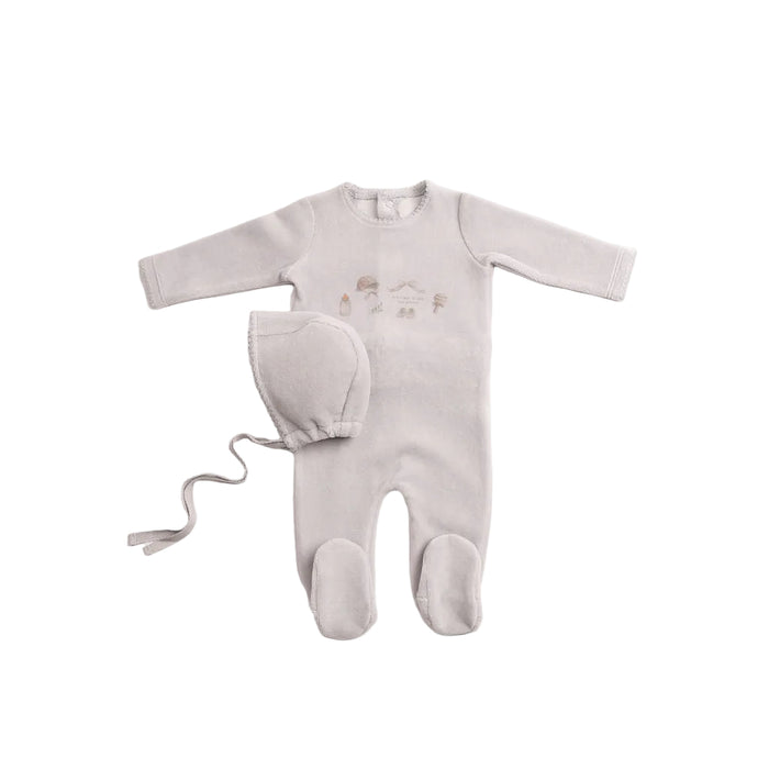 footie baby velour with beanie  - dusty blue