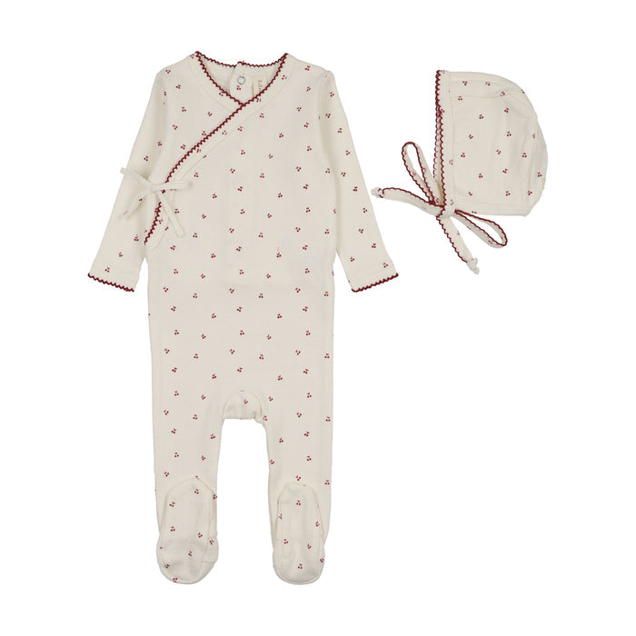 footie cherry scallop wrap with bonnet - cream/pink