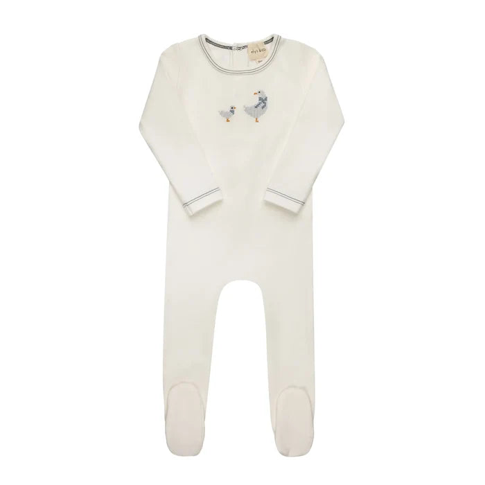 footie cross stitch duck - ivory/blue