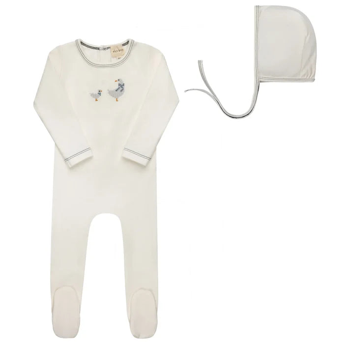 footie cross stitch duck with bonnet - ivory/blue