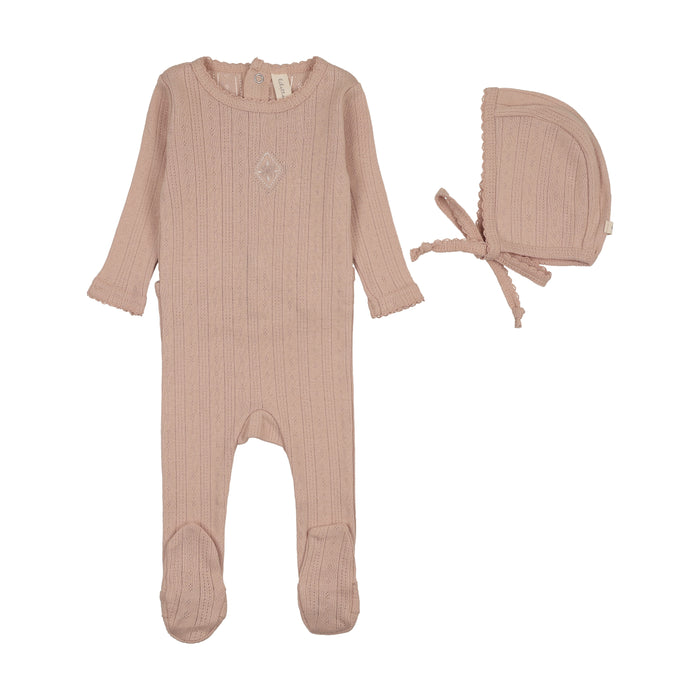 footie geo floral embroidered pointelle with bonnet - dusty pink