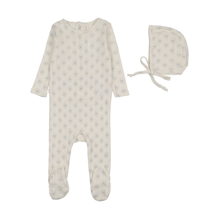 footie geo floral printed with bonnet - cream/blue