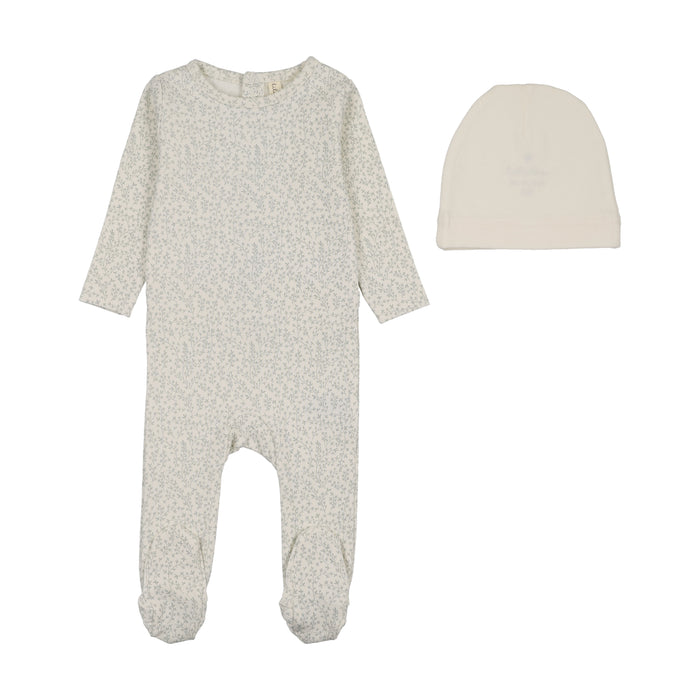footie leaf trail with bonnet - cream/blue