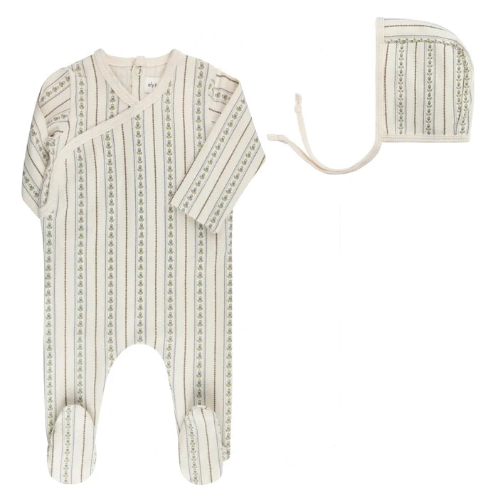 footie linear tulip with bonnet - ivory/blue