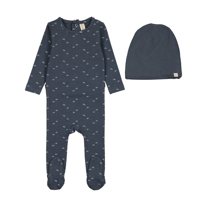 footie paper boat print with beanie - off navy