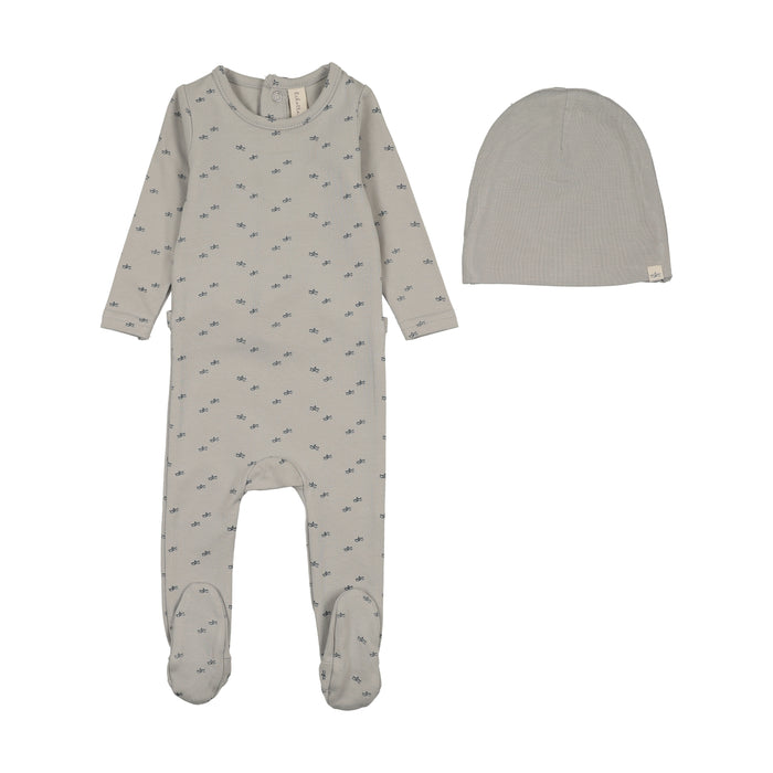 footie paper boat print with beanie - pale blue
