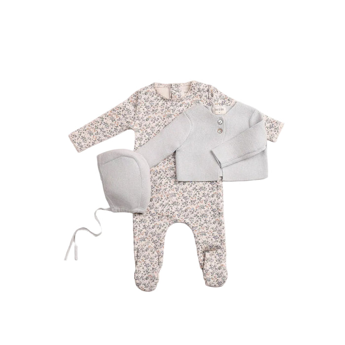 footie petites fleurs with cardigan and beanie - dusty blue
