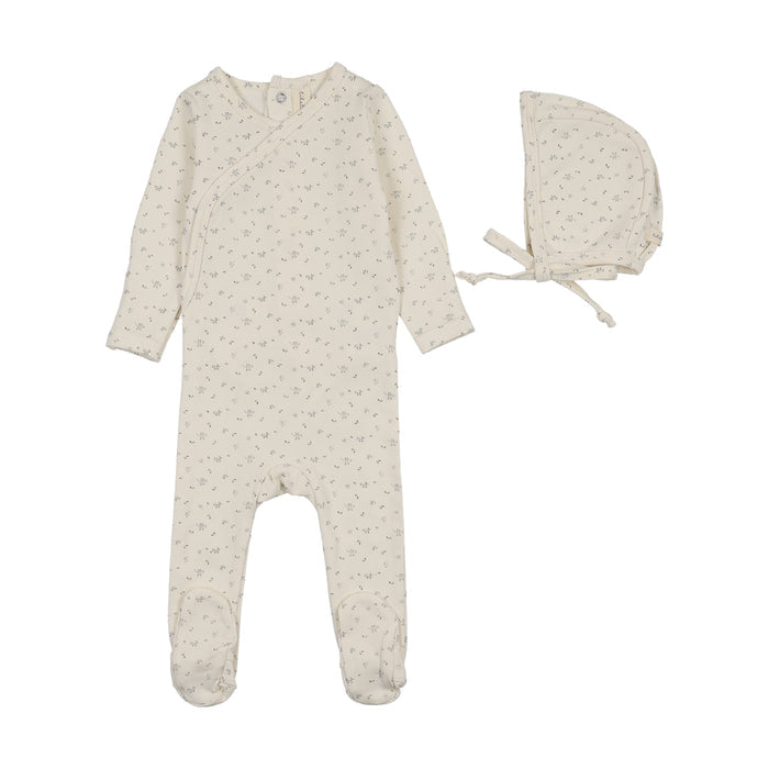 footie printed wrapover with bonnet - cream/blue