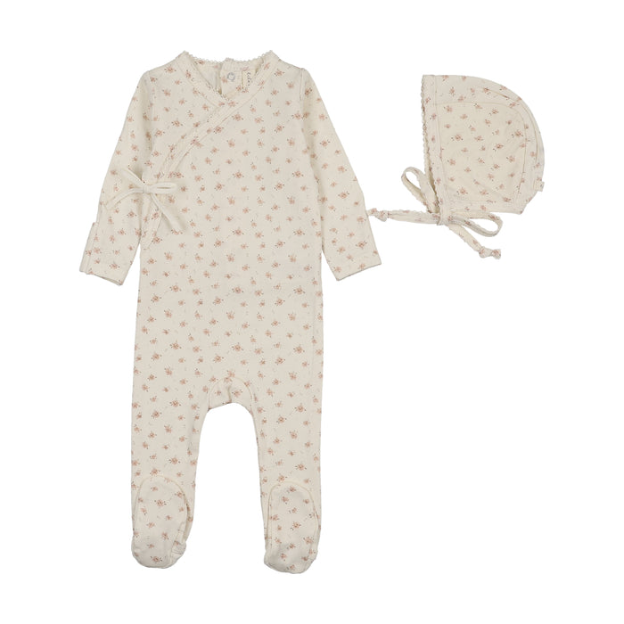 footie printed wrapover with bonnet - cream/pink