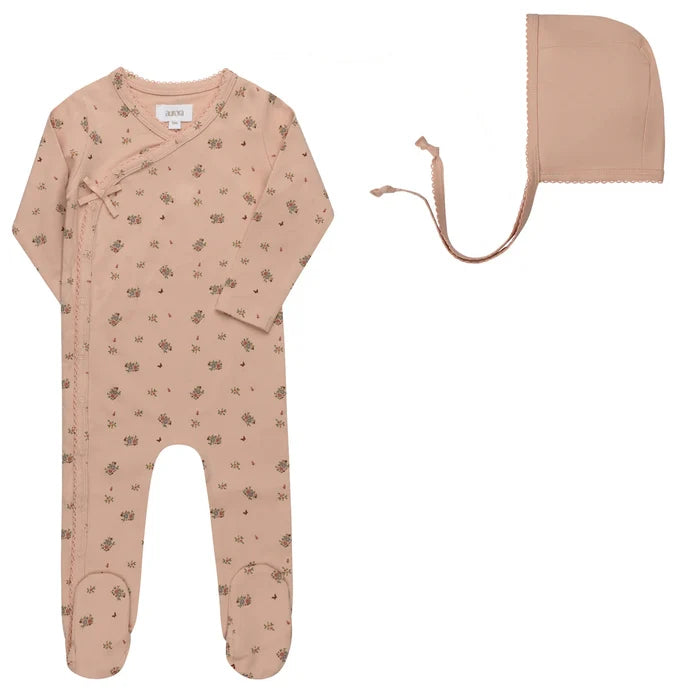 footie set floral print side snap with beanie - pink