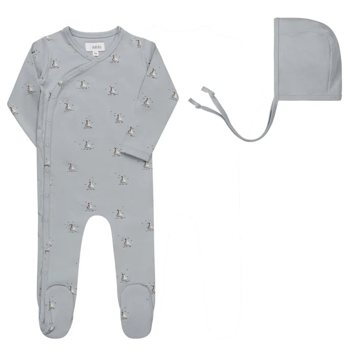 footie set nautical print side snap with beanie - blue
