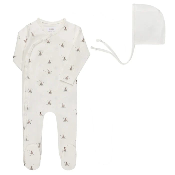 footie set nautical print side snap with beanie - ivory blue