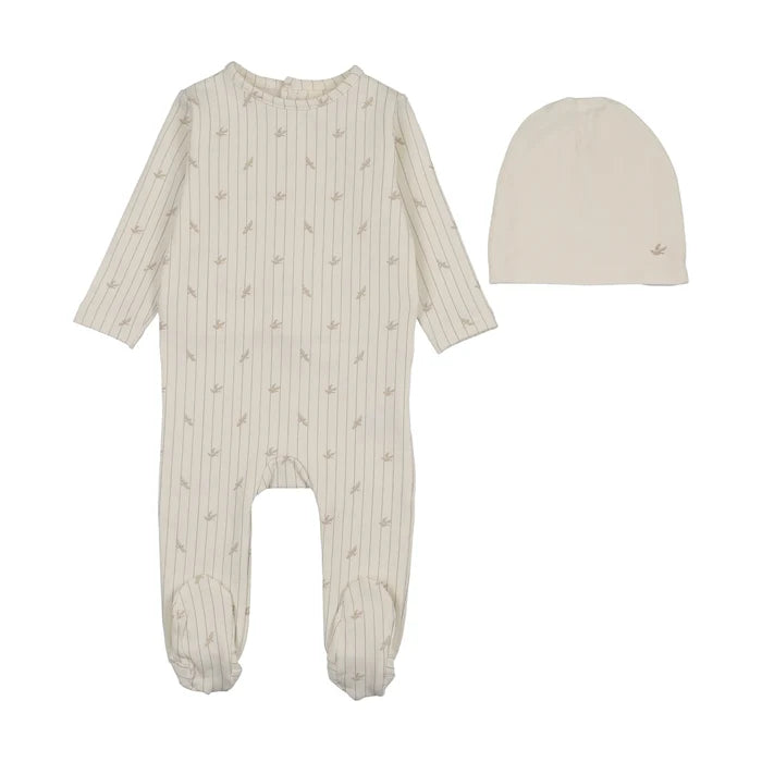 footie stripe print with beanie - cream/oat