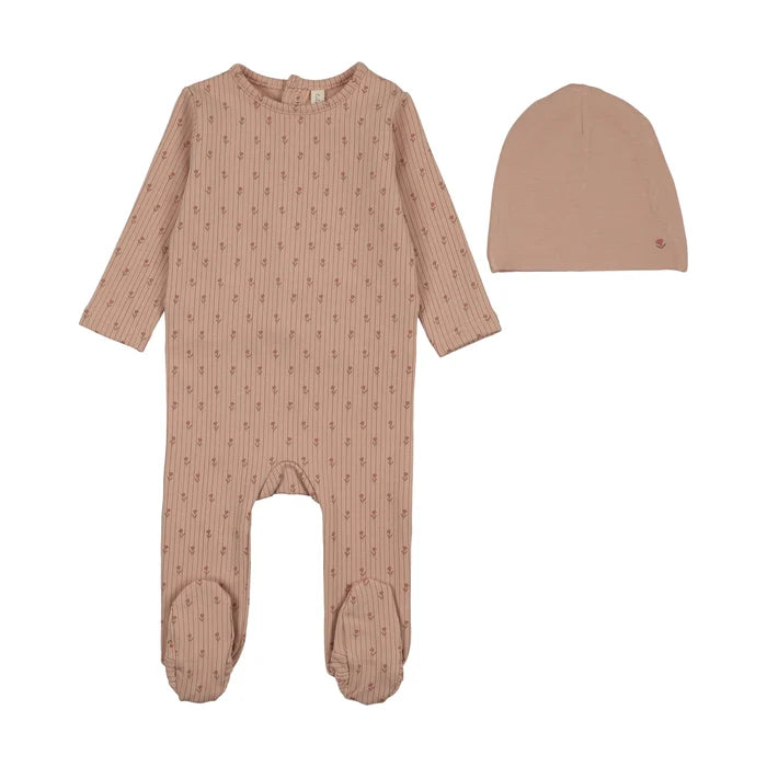 footie stripe print with beanie - dusty pink