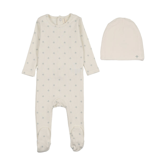 footie striped planes with bonnet - cream/light blue