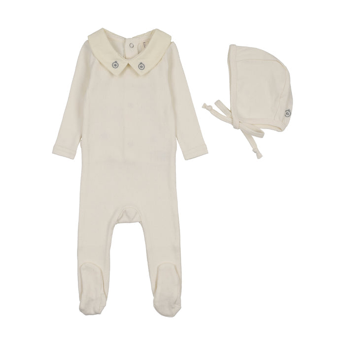 footie sweetheart collared with bonnet - cream/blue