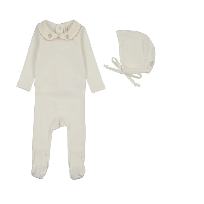 footie sweetheart collared with bonnet - cream/pink
