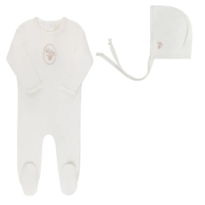 footie velour center floral with bonnet - ivory/rosegold