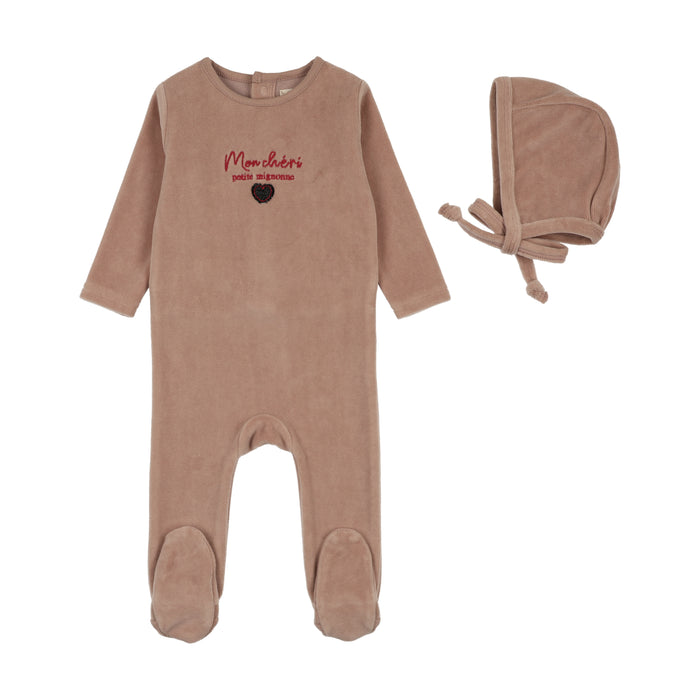 footie velour mon cheri with hat - dried rose