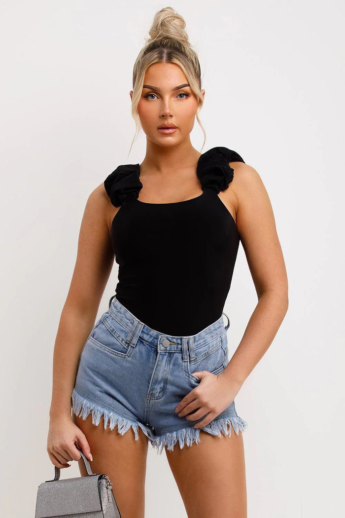 FRILL STRAP HALF SLEEVE RIBBED BODYSUIT BLACK - Style Heist