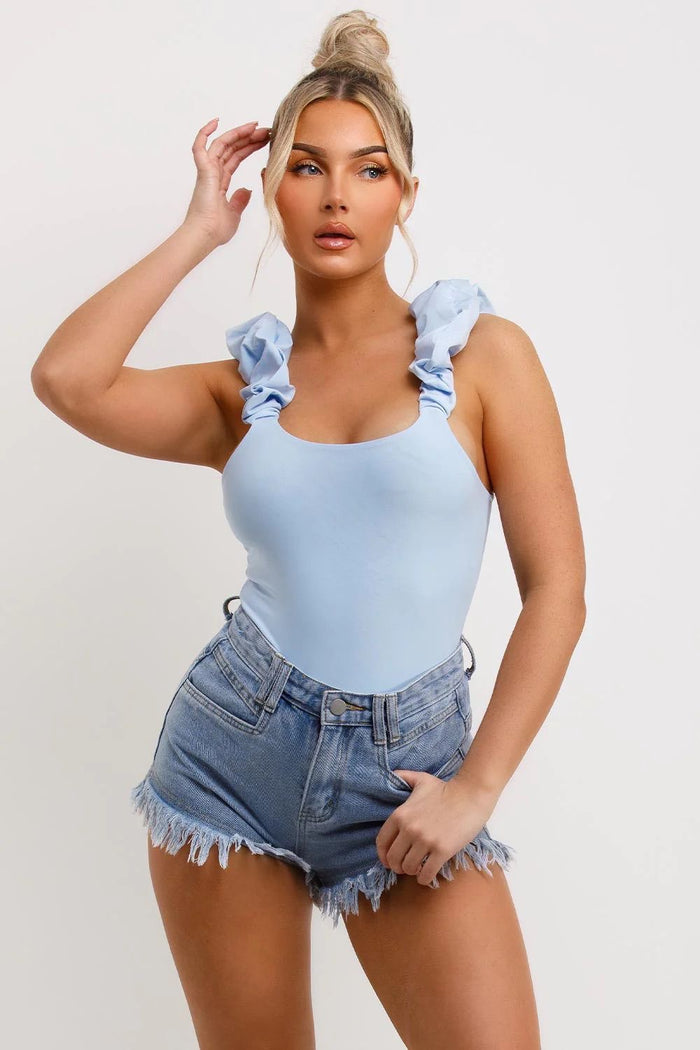 FRILL STRAP HALF SLEEVE RIBBED BODYSUIT BLUE - Style Heist