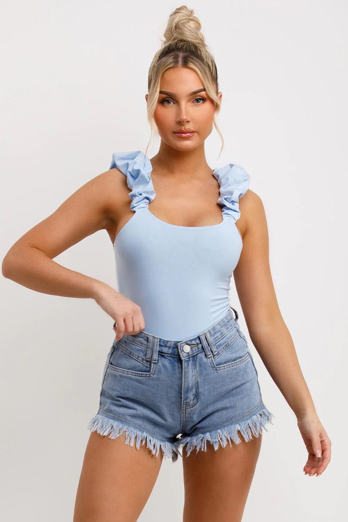 FRILL STRAP HALF SLEEVE RIBBED BODYSUIT BLUE - Style Heist