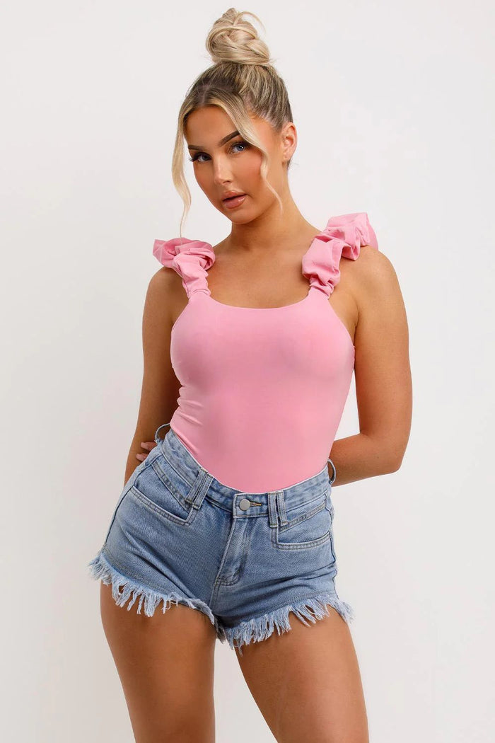 FRILL STRAP HALF SLEEVE RIBBED BODYSUIT PINK - Style Heist