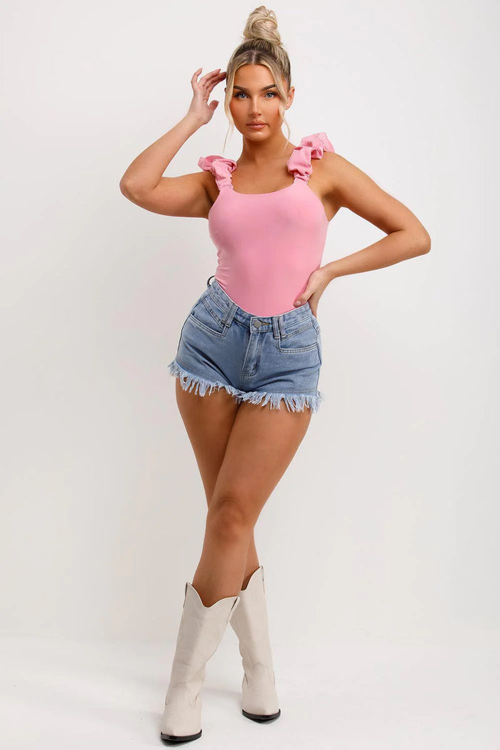 FRILL STRAP HALF SLEEVE RIBBED BODYSUIT PINK - Style Heist
