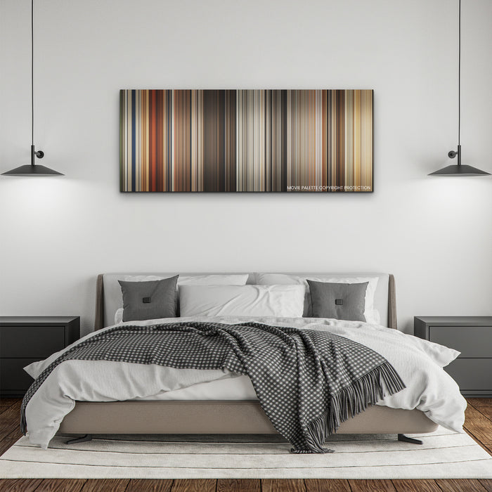 Furiosa: A Mad Max Saga color palette canvas above a bed, between two black pendant lamps