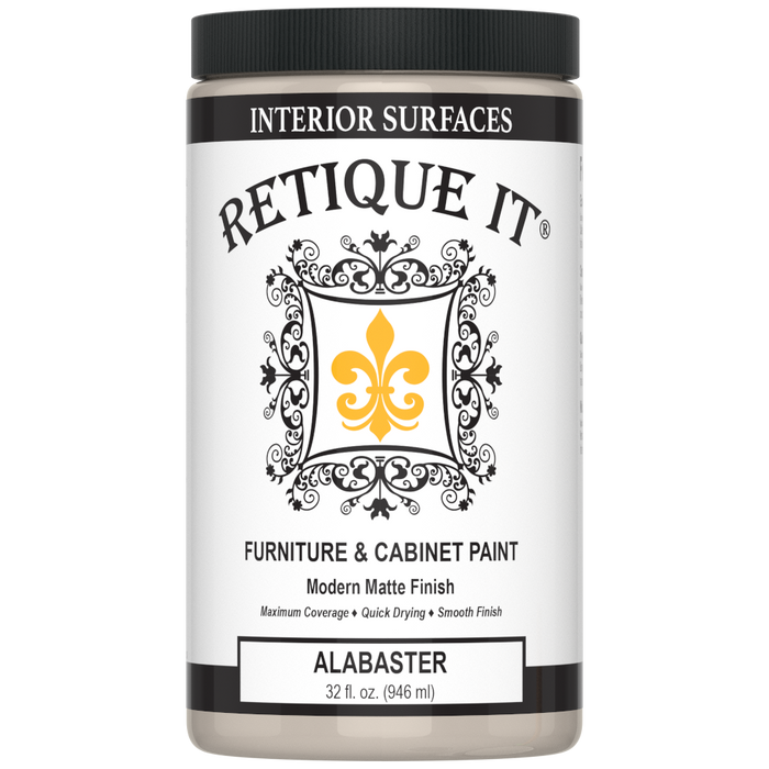 Retique It furniture and cabinet paint in alabaster quart, showing smooth, creamy paint ready for furniture refinishing.