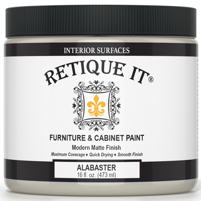 Retique It furniture and cabinet paint in alabaster quart, showcasing smooth, creamy finish ideal for home furniture projects.
