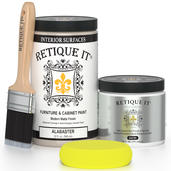 Retique It furniture and cabinet paint in Alabaster, quart size, showing smooth, creamy white paint suitable for furniture refinishing.