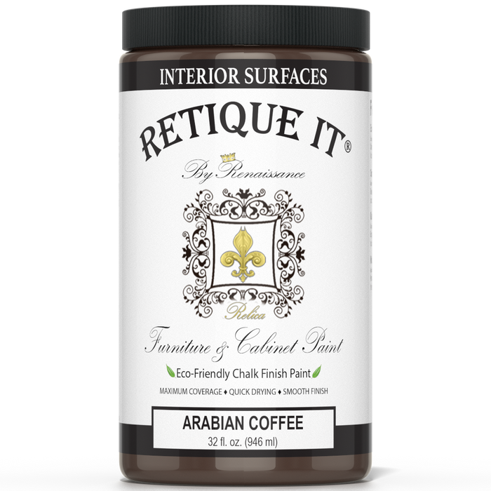 Retique It furniture and cabinet paint in Arabian Coffee quart, showing a smooth, painted wooden furniture piece with a rich coffee color.