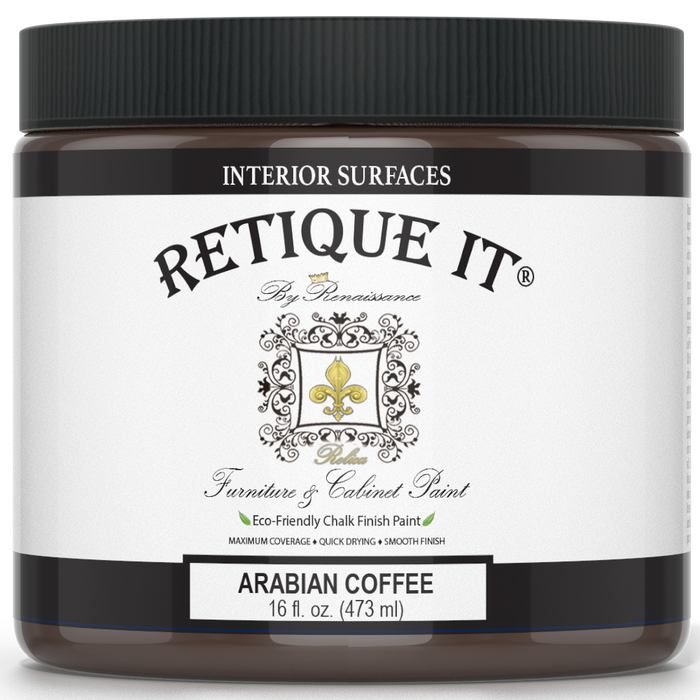 Retique It furniture and cabinet paint in Arabian Coffee quart, showing a smooth, finished wood surface with rich coffee color.