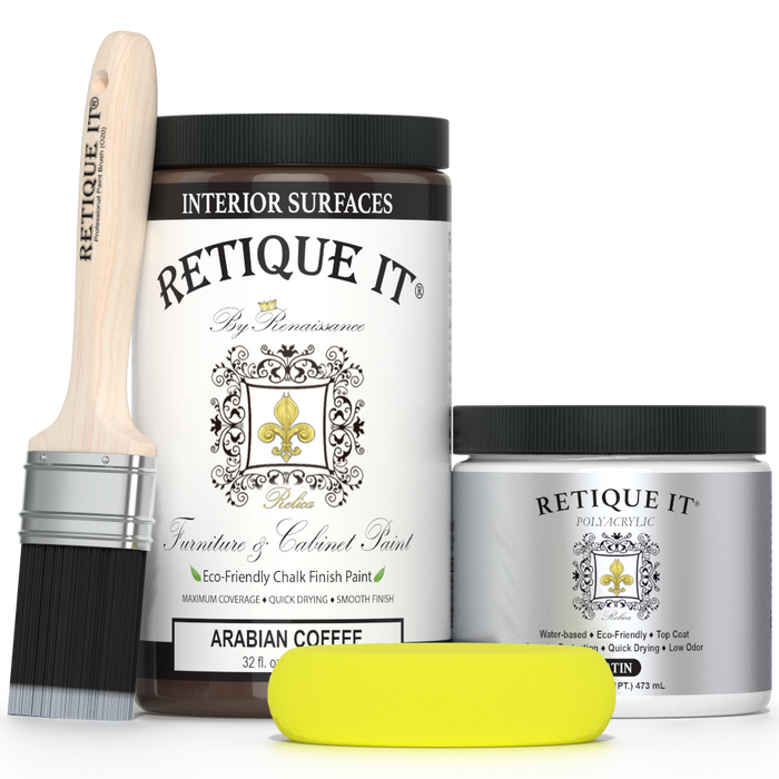 Retique It furniture and cabinet paint in Arabian Coffee quart, showing smooth, even application on wood surfaces.
