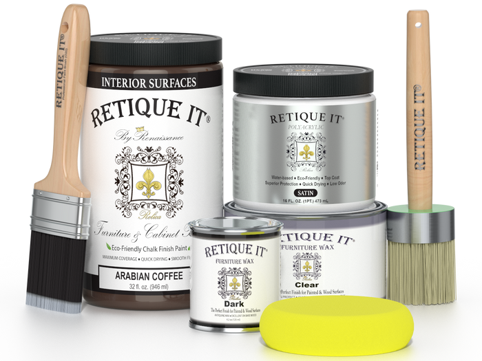 Retique It furniture and cabinet paint in Arabian Coffee quart, showing a can of paint with the product label.