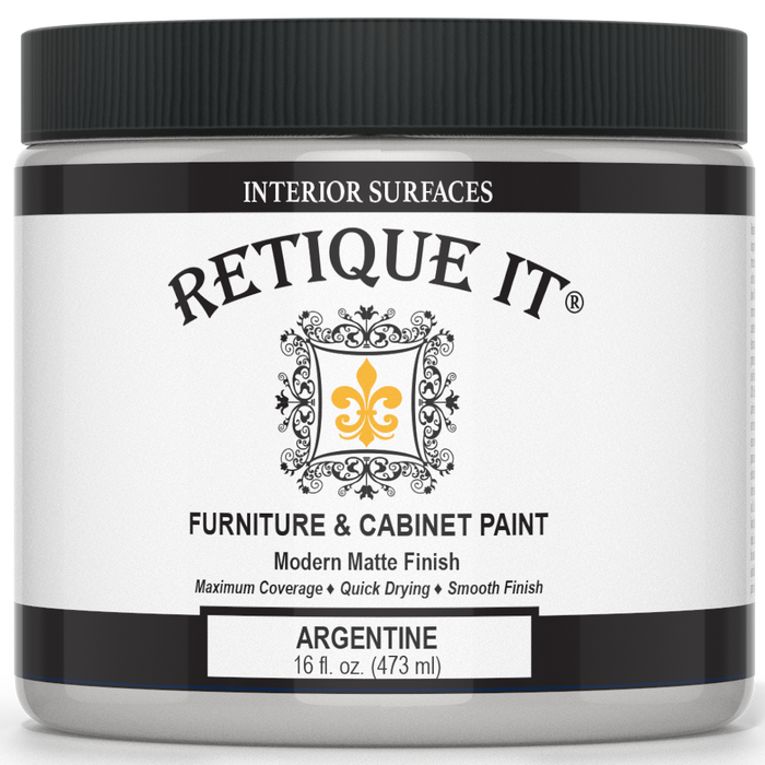 Retique It furniture and cabinet paint in a quart, showcasing a smooth, even application on a wooden cabinet surface.