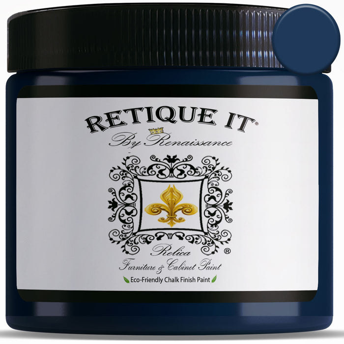Retique It black indigo furniture and cabinet paint in a quart container, showing a smooth, painted surface swatch.